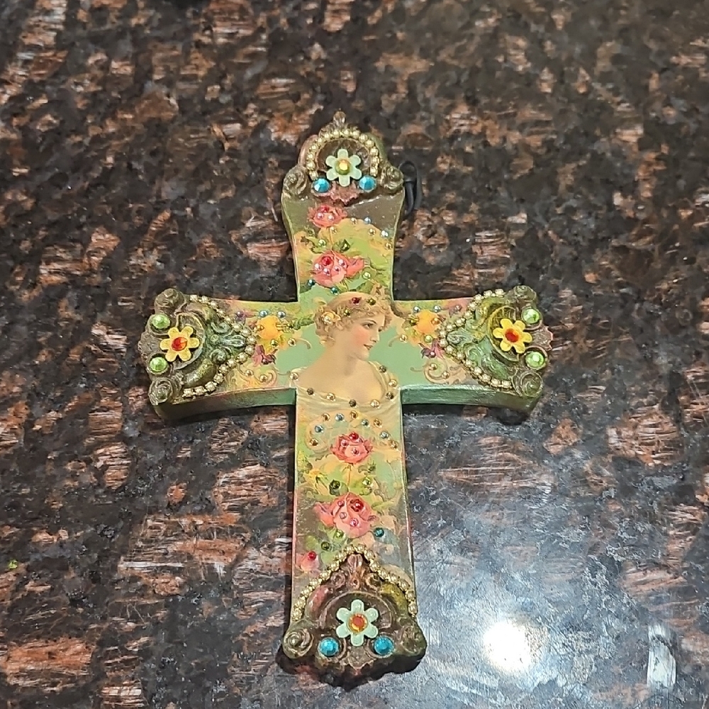 Michal Negrin Floral Decorative Cross with Vintage Portrait 9" X 5"